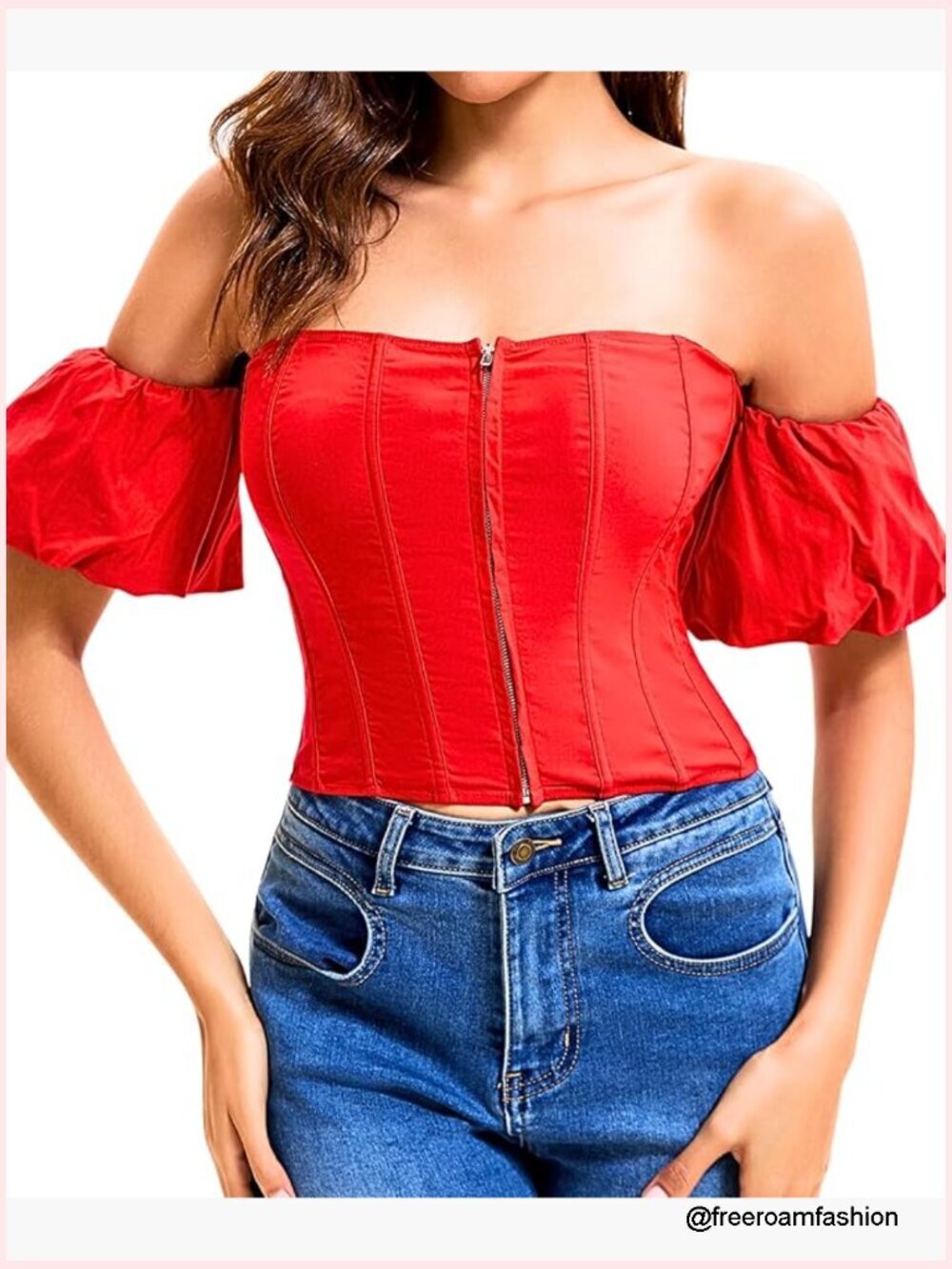 Off-Shoulder Corset Top with Puff Sleeves – Front Zipper Cropped Bustier